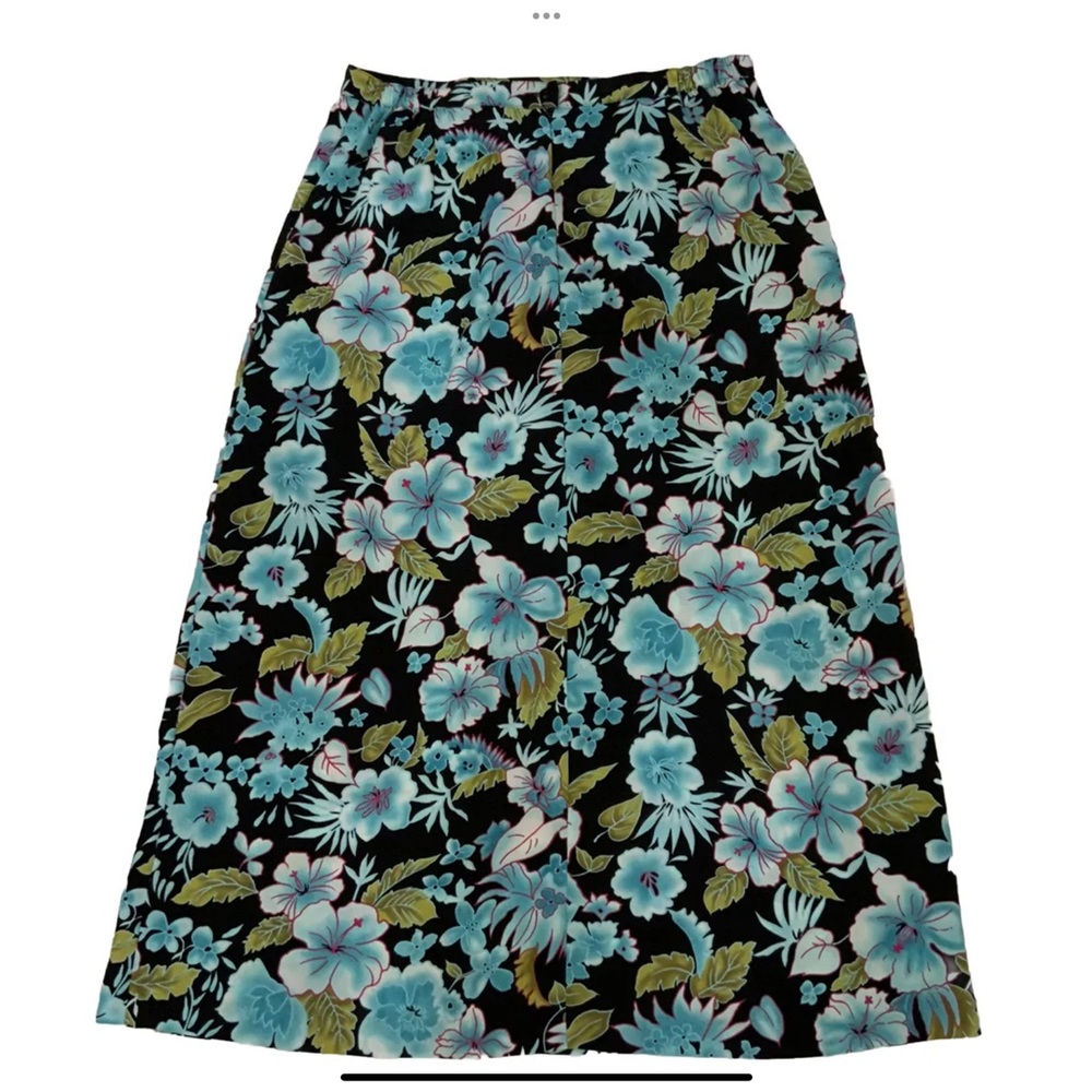 Sag Harbor Blue Green Black Floral Maxi Skirt Size 14 Back Elastic & Zipper